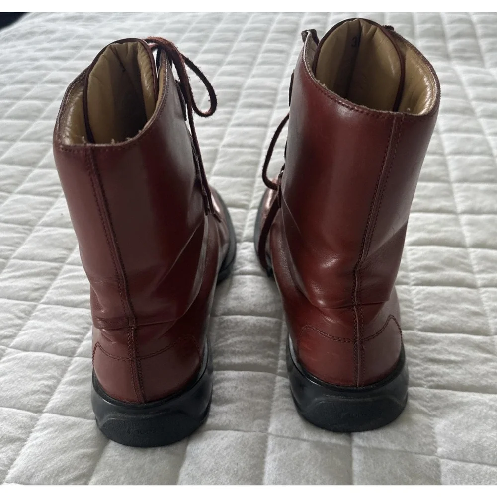 TODS Boots Womens 38 US 8 Red Leather Lace Up Combat Ankle Wedge Low Heel - Picture 4 of 14